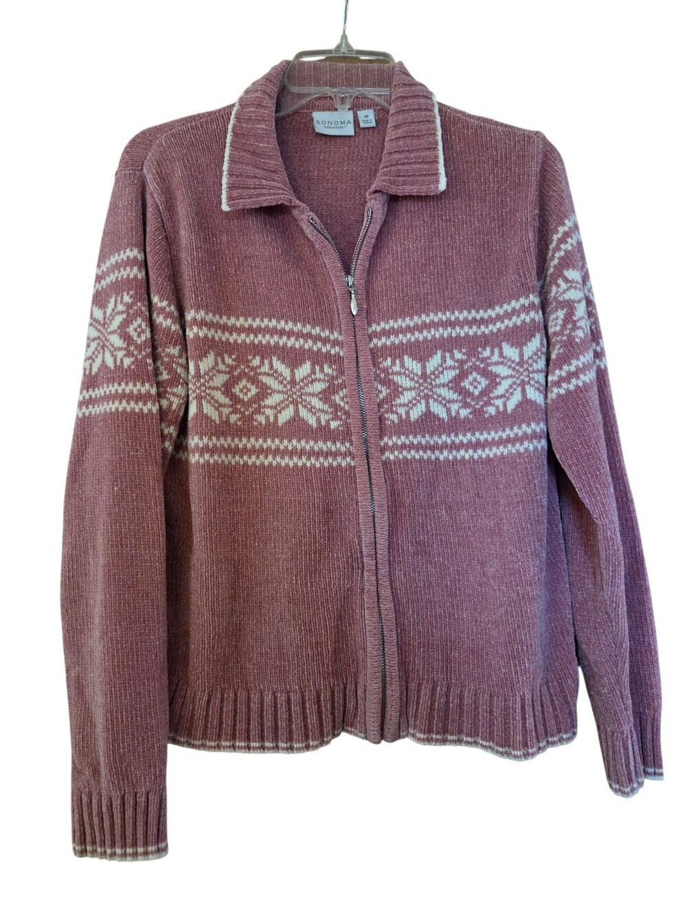 Sonoma Fair Isle Nordic Sweater Cardigan Mauve Cream Cottagecore Size Medium